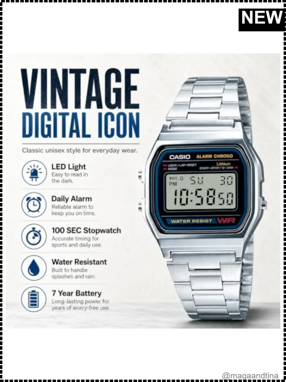Casio Digital Watch Stainless Steel Bracelet Water Resistant Retro Unisex